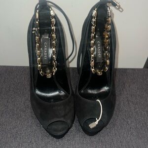 For Sale: Casadei Black Suede Peep-Toe Heels with Gold Chain Detail (Size 36)